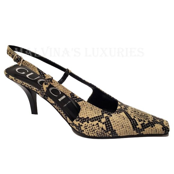 GUCCI SHOES MID HEEL SLINGBACK PUMPS PYTHON PRINT LEATHER G LOGO sz 41 11 - Picture 7 of 15